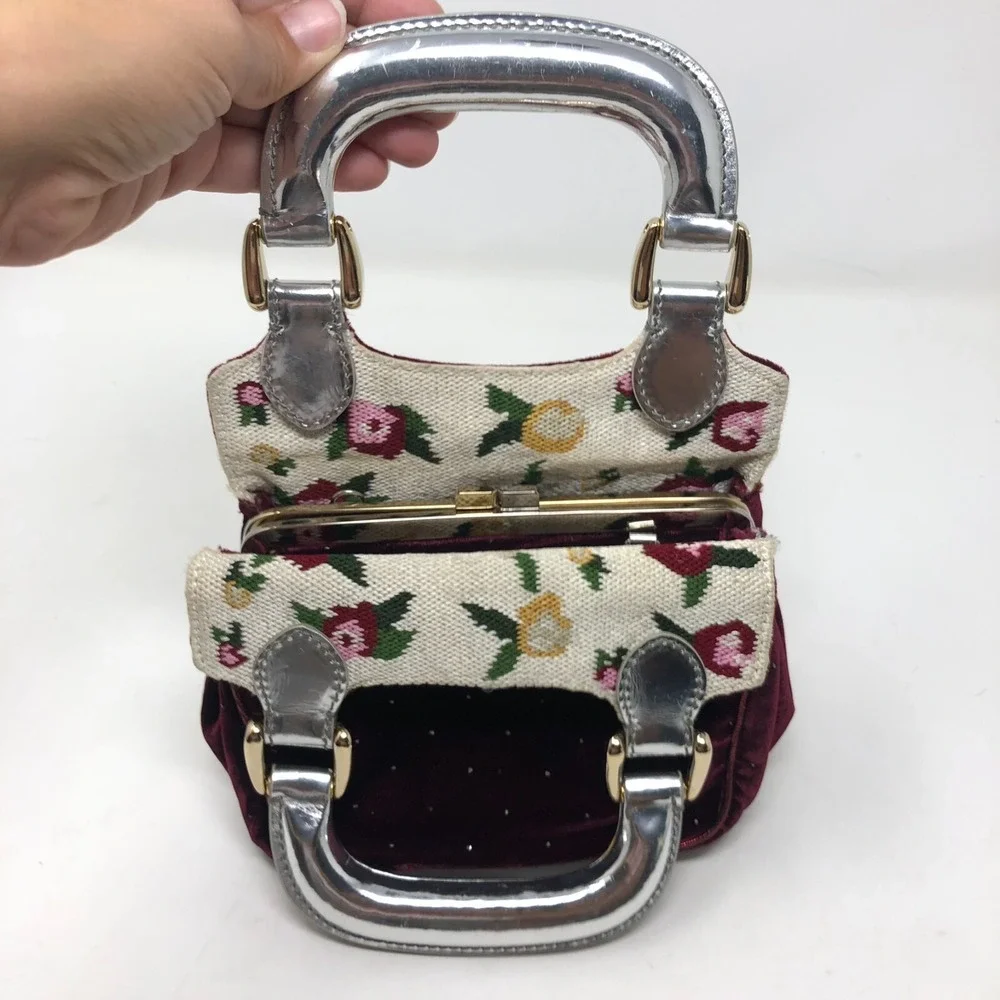 Fendi Velvet Handbag Small Burgundy‎ Red Needlepoint Chunky Handle Whimsigoth
